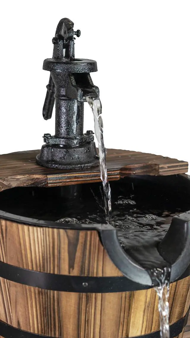 Alt view image 5 of 6 - 2-Tier Rustic Outdoor Fountain 18" W, Garden Decor Water Fountain with Submersible Electric Pump and Cast Iron Hand Pump Accessory for Patio, Garden, Yard