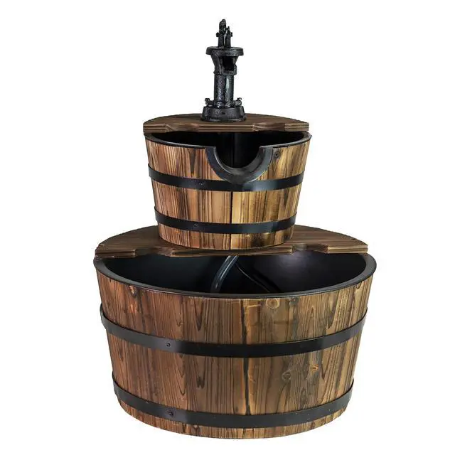 Alt view image 6 of 6 - 2-Tier Rustic Outdoor Fountain 18" W, Garden Decor Water Fountain with Submersible Electric Pump and Cast Iron Hand Pump Accessory for Patio, Garden, Yard
