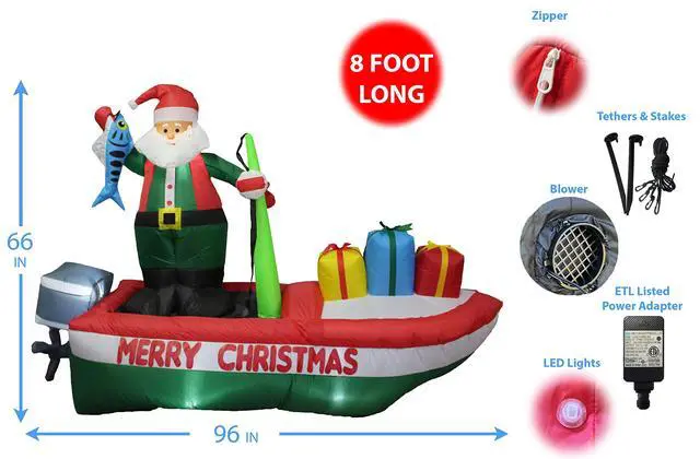 Alt view image 2 of 5 - 8 Foot Long Inflatable Santa Claus on a Fishing Boat | Outdoor Yard Decoration, Built-in LED Lights, Self-Inflating Blower, Weather-Resistant Material