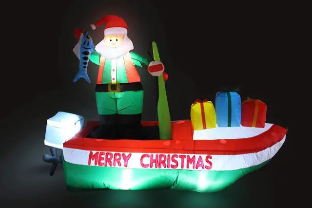 Alt view image 5 of 5 - 8 Foot Long Inflatable Santa Claus on a Fishing Boat | Outdoor Yard Decoration, Built-in LED Lights, Self-Inflating Blower, Weather-Resistant Material