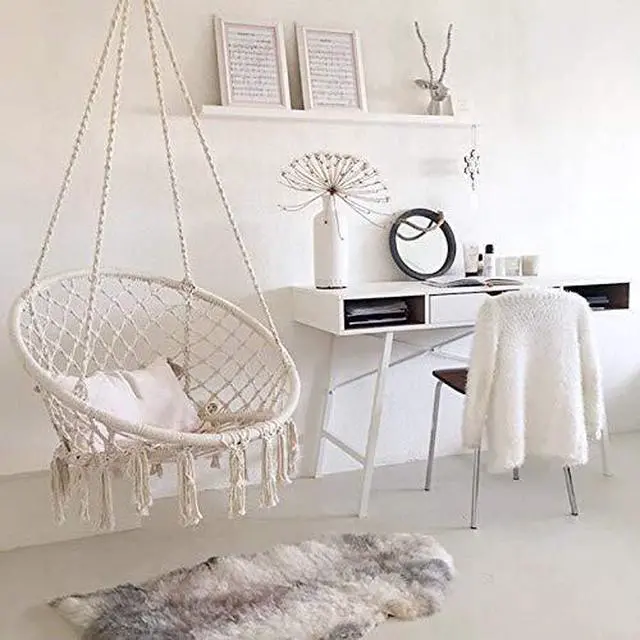 Alt view image 3 of 5 - Caromy Hammock Chair Macrame Swing, Hanging Lounge Mesh Chair Durable Cotton Rope Swing for Bedroom, Patio, Garden, Deck, Yard, Max Capacity 265 Lbs (White)