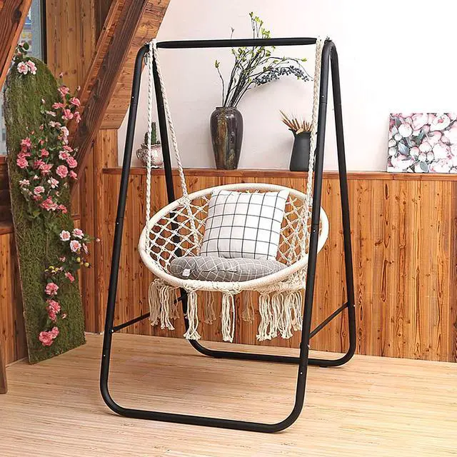 Alt view image 2 of 6 - Hanging Hammock Chair, Macrame Hanging Chair 330 Pounds Capacity, Cotton Rope Handwoven Tassels Porch Swing Chair for Bedroom, Living Room, Yard, Garden, Balcony, Indoor/Outdoor (Beige)