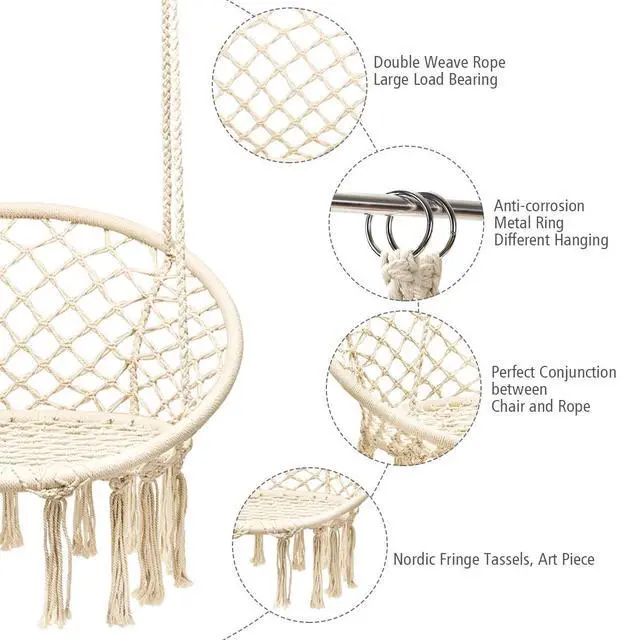 Alt view image 4 of 6 - Hanging Hammock Chair, Macrame Hanging Chair 330 Pounds Capacity, Cotton Rope Handwoven Tassels Porch Swing Chair for Bedroom, Living Room, Yard, Garden, Balcony, Indoor/Outdoor (Beige)