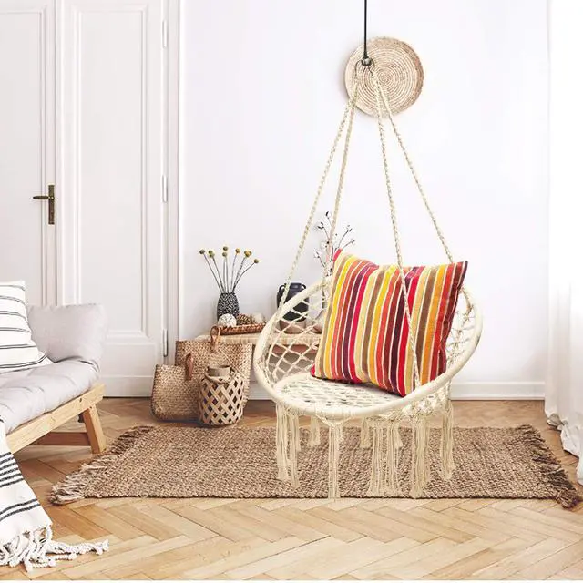 Alt view image 6 of 6 - Hanging Hammock Chair, Macrame Hanging Chair 330 Pounds Capacity, Cotton Rope Handwoven Tassels Porch Swing Chair for Bedroom, Living Room, Yard, Garden, Balcony, Indoor/Outdoor (Beige)