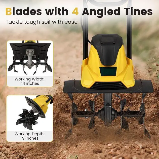 Alt view image 2 of 6 - Corded Electric Tiller Cultivator, 10 Amp Powerful Foldable Garden Rototiller w/ 14 Inch Tilling Width & 9 Inch Working Depth, Safety Lock, Gardening Machine for Lawn Soil Digging