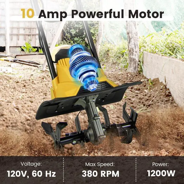 Alt view image 3 of 6 - Corded Electric Tiller Cultivator, 10 Amp Powerful Foldable Garden Rototiller w/ 14 Inch Tilling Width & 9 Inch Working Depth, Safety Lock, Gardening Machine for Lawn Soil Digging