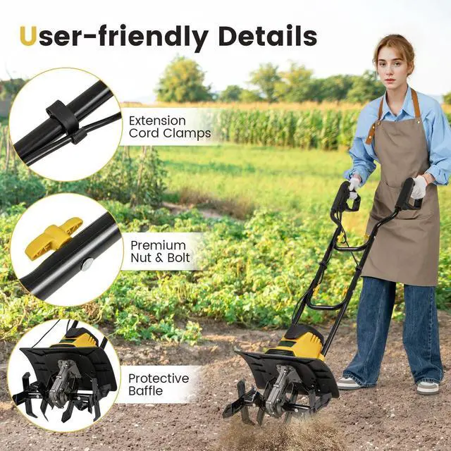 Alt view image 5 of 6 - Corded Electric Tiller Cultivator, 10 Amp Powerful Foldable Garden Rototiller w/ 14 Inch Tilling Width & 9 Inch Working Depth, Safety Lock, Gardening Machine for Lawn Soil Digging