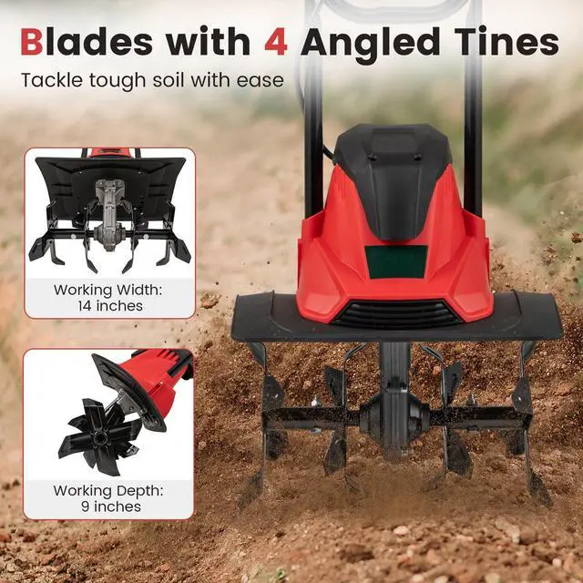Alt view image 2 of 6 - Corded Electric Tiller Cultivator, 10 Amp Powerful Foldable Garden Rototiller w/ 14 Inch Tilling Width & 9 Inch Working Depth, Safety Lock, Gardening Machine for Lawn Soil Digging