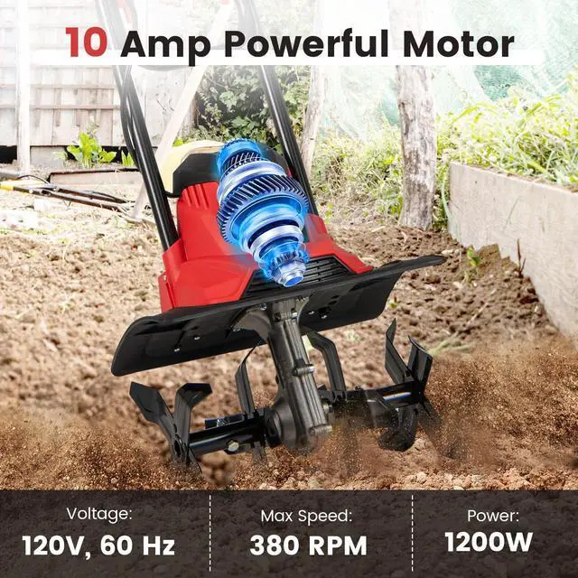 Alt view image 3 of 6 - Corded Electric Tiller Cultivator, 10 Amp Powerful Foldable Garden Rototiller w/ 14 Inch Tilling Width & 9 Inch Working Depth, Safety Lock, Gardening Machine for Lawn Soil Digging