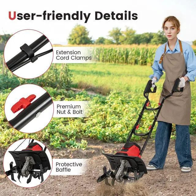 Alt view image 5 of 6 - Corded Electric Tiller Cultivator, 10 Amp Powerful Foldable Garden Rototiller w/ 14 Inch Tilling Width & 9 Inch Working Depth, Safety Lock, Gardening Machine for Lawn Soil Digging