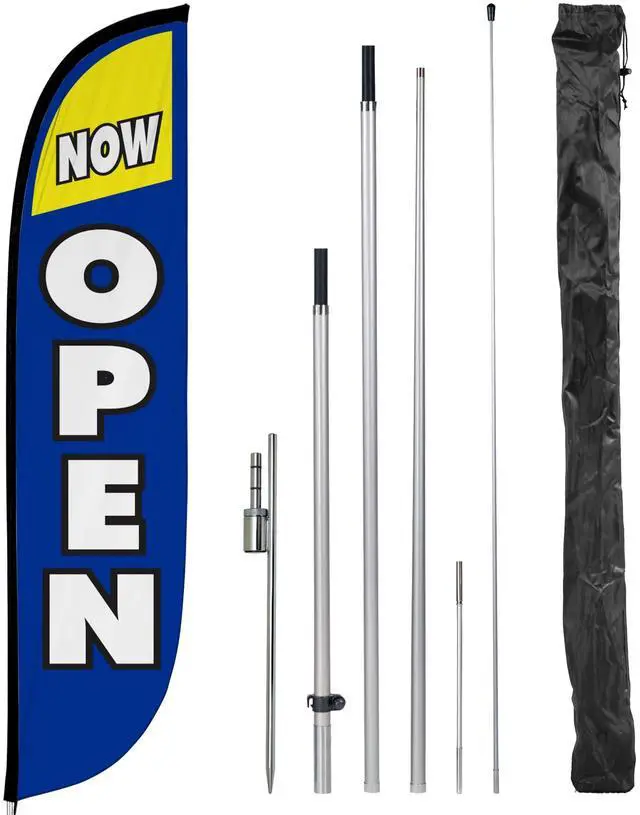 Main image of Feather Flag Pole Kit - 12 Feet Tall Advertising Flag Banner with Fiberglass Pole Kit and Ground Spike for Business Promotion - Grand Opening Flags - Now Open Blue & Yellow (10M1200029)
