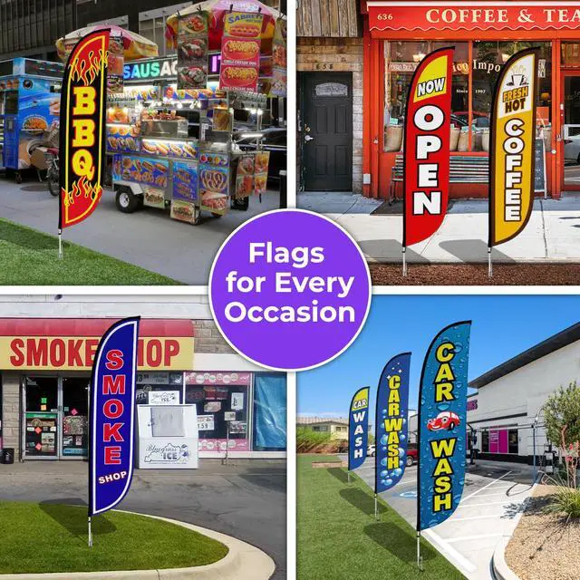 Alt view image 6 of 6 - Feather Flag Pole Kit - 12 Feet Tall Advertising Flag Banner with Fiberglass Pole Kit and Ground Spike for Business Promotion - Grand Opening Flags - Now Open Blue & Yellow (10M1200029)