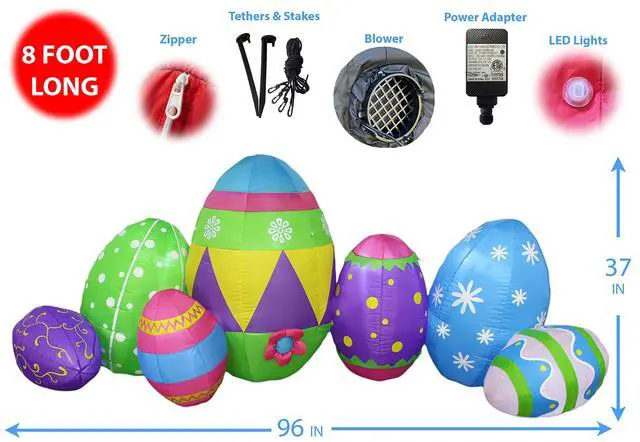Alt view image 2 of 6 - 8 Foot Long Inflatable Colorful Seven Easter Eggs Yard Decoration | Party Fun Patch, Hunt Theme, Blow Up, Cute Design