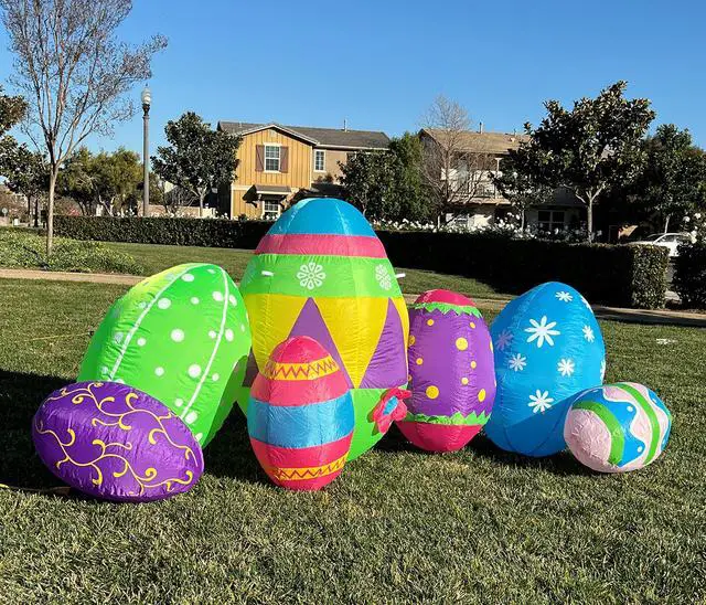 Alt view image 3 of 6 - 8 Foot Long Inflatable Colorful Seven Easter Eggs Yard Decoration | Party Fun Patch, Hunt Theme, Blow Up, Cute Design