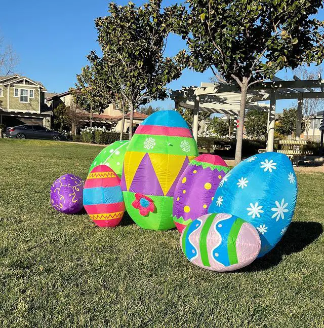 Alt view image 4 of 6 - 8 Foot Long Inflatable Colorful Seven Easter Eggs Yard Decoration | Party Fun Patch, Hunt Theme, Blow Up, Cute Design
