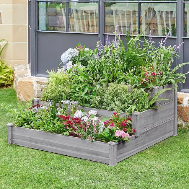 Alt view image 2 of 6 - 3 Tier Raised Garden Bed Wood Garden Box Wooden Vegetables/Flower/Herb Elevated Garden Planter Boxes Outdoor, Gray