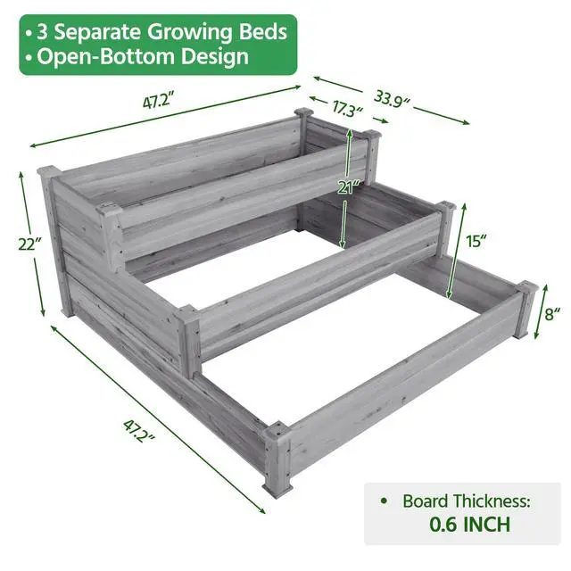 Alt view image 3 of 6 - 3 Tier Raised Garden Bed Wood Garden Box Wooden Vegetables/Flower/Herb Elevated Garden Planter Boxes Outdoor, Gray
