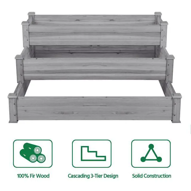 Alt view image 4 of 6 - 3 Tier Raised Garden Bed Wood Garden Box Wooden Vegetables/Flower/Herb Elevated Garden Planter Boxes Outdoor, Gray