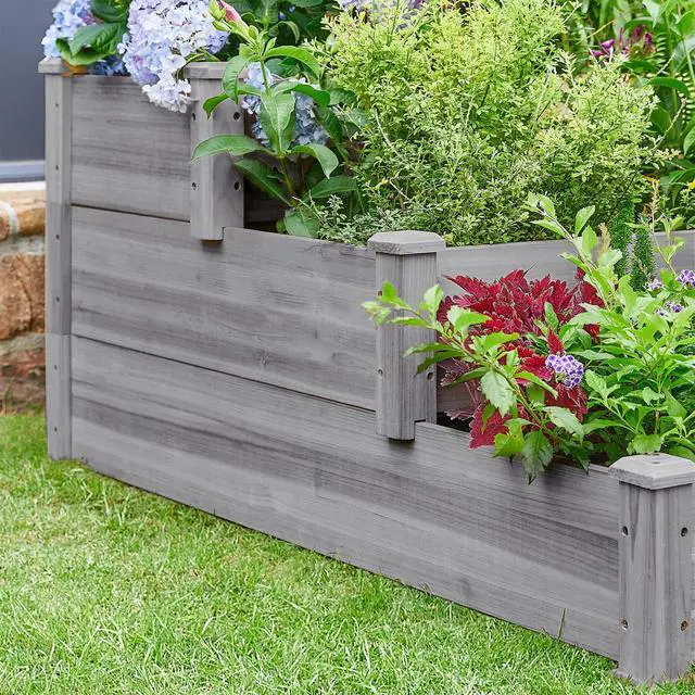 Alt view image 6 of 6 - 3 Tier Raised Garden Bed Wood Garden Box Wooden Vegetables/Flower/Herb Elevated Garden Planter Boxes Outdoor, Gray