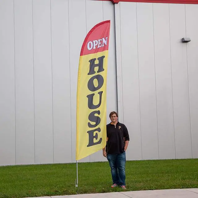 Alt view image 4 of 6 - Premium Open House Feather Flag Kit Includes 13ft Sectional Aviation Grade Fiberglass Poles, Yellow Open House Flag, Ground Spike and Pole Sleeve Bag