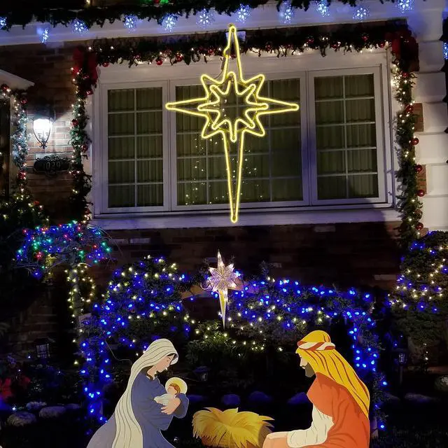 Alt view image 2 of 6 - Large 25"x16" Twinkle 408 LED Bethlehem Star, Super-Bright Warm White LEDs Outdoor Christmas Decoration with 11 Functions and Timer Waterproof for Home Party Wall Hanging