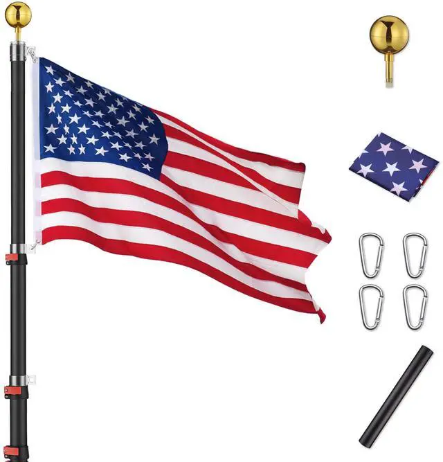 Main image of 20Ft Black Telescopic Aluminum Flag Pole 16 Gauge Fly 2 Flags 3'x5' US Flag & Ball Top Kit Telescoping Flagpole Yard Outdoor Garden