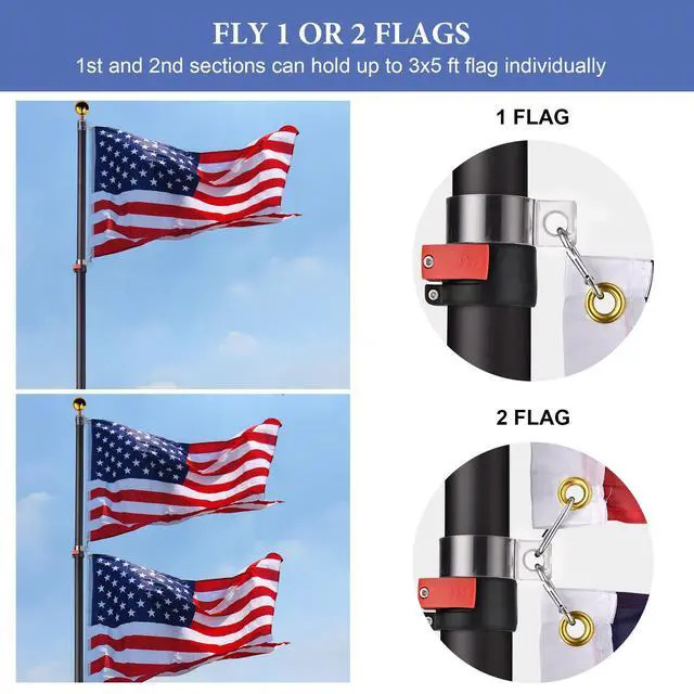Alt view image 5 of 6 - 20Ft Black Telescopic Aluminum Flag Pole 16 Gauge Fly 2 Flags 3'x5' US Flag & Ball Top Kit Telescoping Flagpole Yard Outdoor Garden