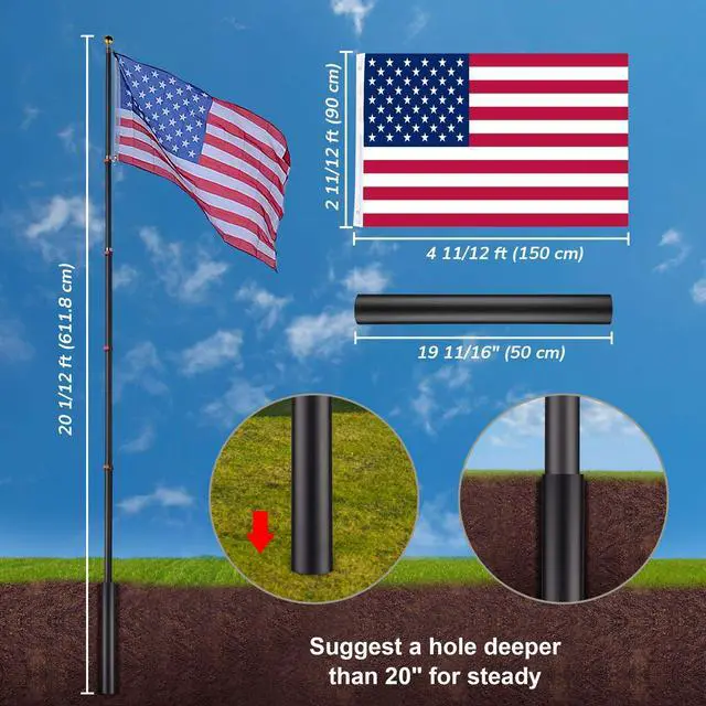 Alt view image 6 of 6 - 20Ft Black Telescopic Aluminum Flag Pole 16 Gauge Fly 2 Flags 3'x5' US Flag & Ball Top Kit Telescoping Flagpole Yard Outdoor Garden