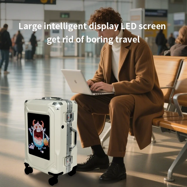 Alt view image 2 of 6 - L4-1 Smart LED Screen Luggage White, 35L Hard Shell Rolling Suitcase with Bluetooth Control, ABS+PC Handcart Travel Luggage, 57×37×25cm