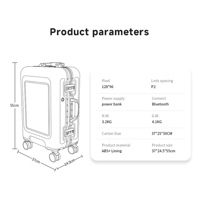 Alt view image 6 of 6 - L4-1 Smart LED Screen Luggage White, 35L Hard Shell Rolling Suitcase with Bluetooth Control, ABS+PC Handcart Travel Luggage, 57×37×25cm