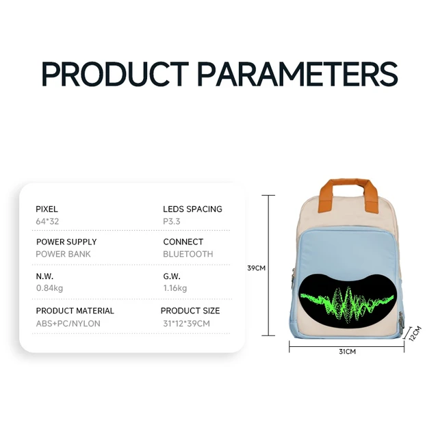 Alt view image 5 of 5 - T13-1 Smile Bag 10L Smart LED Display Backpack, Bluetooth Control, P3.3 Screen 64×32, ABS+PC & Nylon, 38×30×13cm