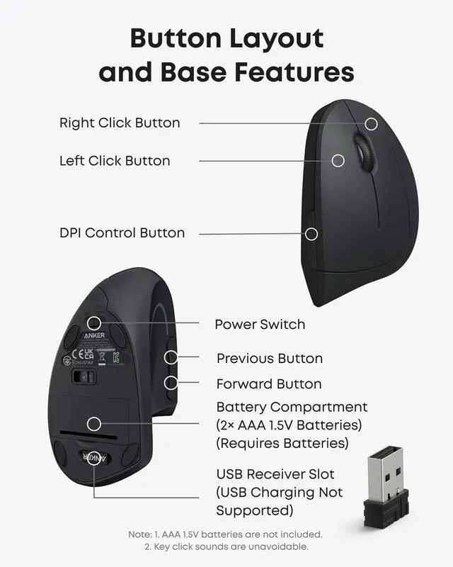 Alt view image 5 of 6 - 2.4G Wireless Ergonomic Mouse, Right Hand Vertical Mouse USB Receiver