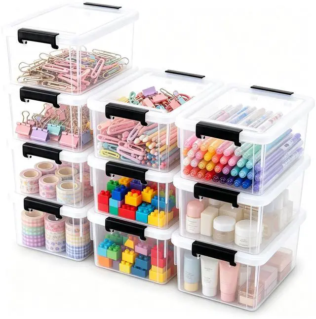 Main image of 10 Pack 1.3 Quart Plastic Storage Bins with Lids Small Storage Containers Stackable Box with Buckle-up Latches for Organization