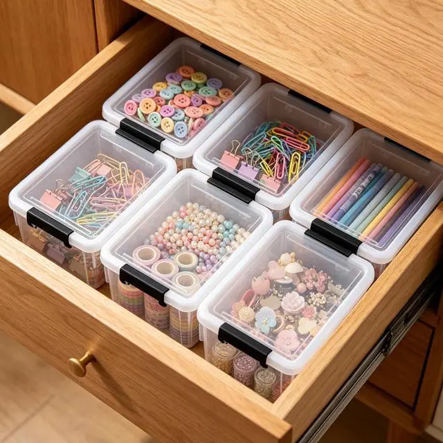 Alt view image 6 of 7 - 10 Pack 1.3 Quart Plastic Storage Bins with Lids Small Storage Containers Stackable Box with Buckle-up Latches for Organization
