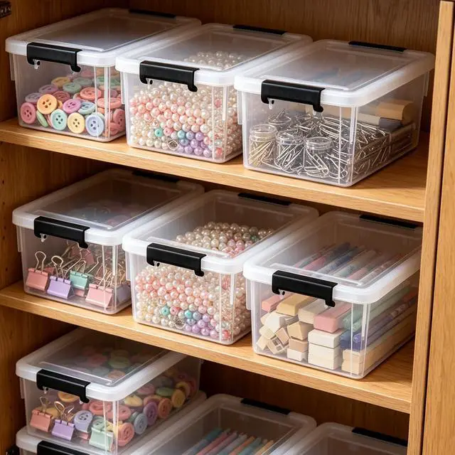 Alt view image 5 of 7 - 10 Pack 1.3 Quart Plastic Storage Bins with Lids Small Storage Containers Stackable Box with Buckle-up Latches for Organization