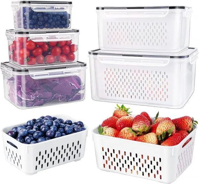 Main image of 5 PCS Large Fruit Containers for Fridge - Leakproof Food Storage Containers with Removable Colander - Dishwasher & microwave safe Produce Containers Keep Fruits, Vegetables, Berry, Meat Fresh longer