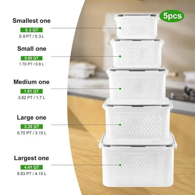 Alt view image 2 of 7 - 5 PCS Large Fruit Containers for Fridge - Leakproof Food Storage Containers with Removable Colander - Dishwasher & microwave safe Produce Containers Keep Fruits, Vegetables, Berry, Meat Fresh longer