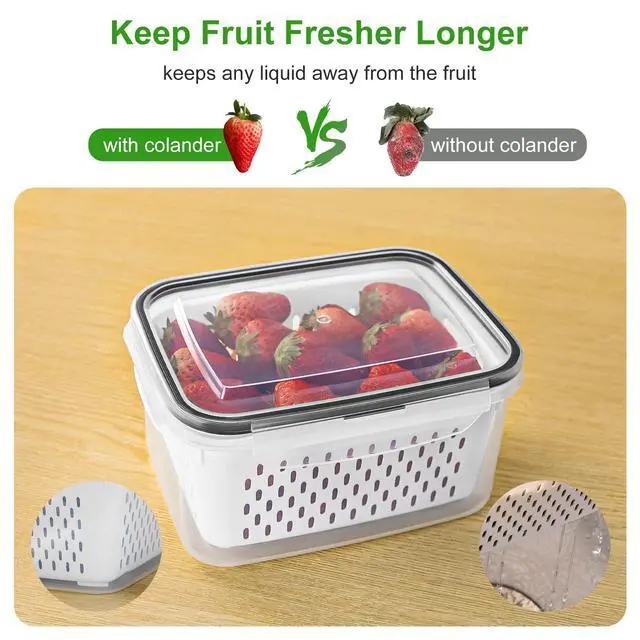Alt view image 3 of 7 - 5 PCS Large Fruit Containers for Fridge - Leakproof Food Storage Containers with Removable Colander - Dishwasher & microwave safe Produce Containers Keep Fruits, Vegetables, Berry, Meat Fresh longer