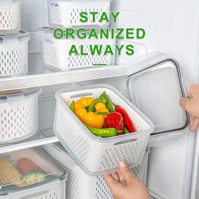 Alt view image 5 of 7 - 5 PCS Large Fruit Containers for Fridge - Leakproof Food Storage Containers with Removable Colander - Dishwasher & microwave safe Produce Containers Keep Fruits, Vegetables, Berry, Meat Fresh longer