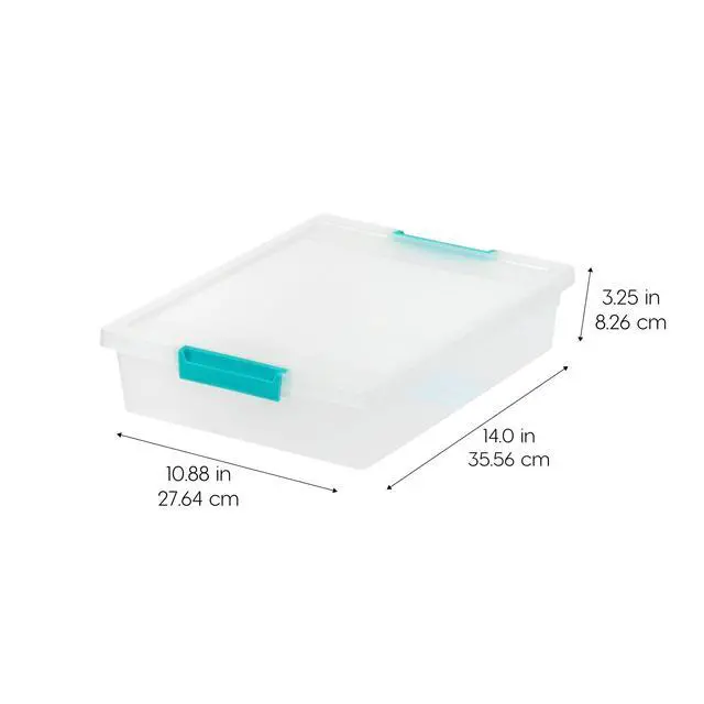 Alt view image 2 of 7 - 6 Qt. Craft Storage Bins with Lids, 4-Pack, |Made in USA|, Clip Box, Small Plastic Sensory Bin Tote Organizer Containers for Art Supplies, Paper, & Office, Stackable - Clear/Seafoam Blue