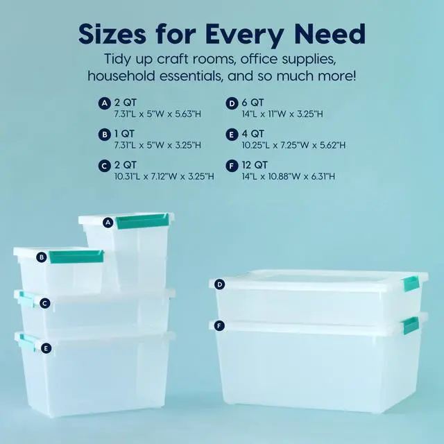 Alt view image 4 of 7 - 6 Qt. Craft Storage Bins with Lids, 4-Pack, |Made in USA|, Clip Box, Small Plastic Sensory Bin Tote Organizer Containers for Art Supplies, Paper, & Office, Stackable - Clear/Seafoam Blue