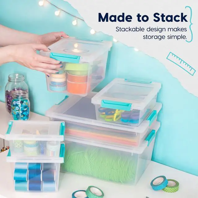 Alt view image 5 of 7 - 6 Qt. Craft Storage Bins with Lids, 4-Pack, |Made in USA|, Clip Box, Small Plastic Sensory Bin Tote Organizer Containers for Art Supplies, Paper, & Office, Stackable - Clear/Seafoam Blue