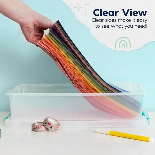 Alt view image 7 of 7 - 6 Qt. Craft Storage Bins with Lids, 4-Pack, |Made in USA|, Clip Box, Small Plastic Sensory Bin Tote Organizer Containers for Art Supplies, Paper, & Office, Stackable - Clear/Seafoam Blue
