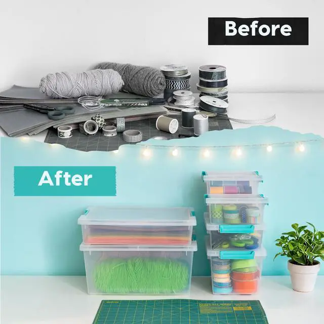 Alt view image 6 of 7 - 6 Qt. Craft Storage Bins with Lids, 4-Pack, |Made in USA|, Clip Box, Small Plastic Sensory Bin Tote Organizer Containers for Art Supplies, Paper, & Office, Stackable - Clear/Seafoam Blue