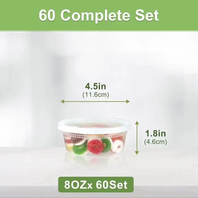 Alt view image 2 of 7 - 60 Sets (120-Piece) Deli Containers with Lids 8 oz, Leak-Proof & BPA Free Airtight Takeout Plastic Food Storage Containers for Soup, Freezer/Microwave/Dishwasher Safe