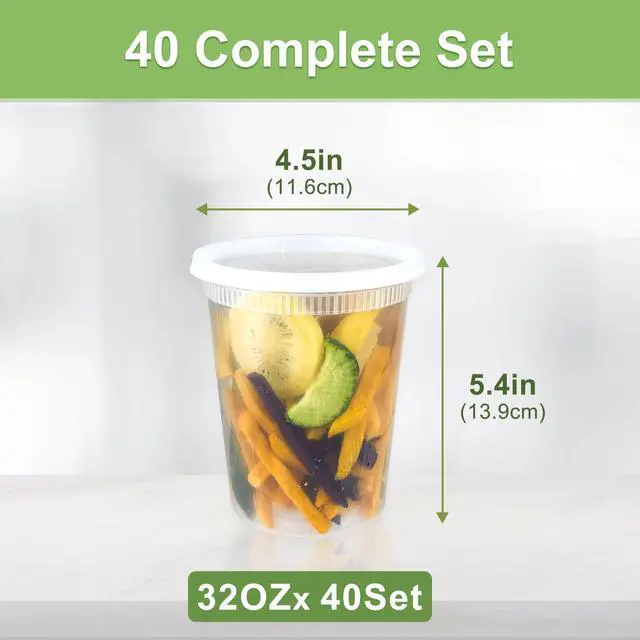 Alt view image 2 of 7 - 40 Sets (80-Piece) Deli Containers with Lids 32 oz, Leak-Proof & BPA Free Airtight Takeout Plastic Food Storage Containers for Soup, Freezer/Microwave/Dishwasher Safe