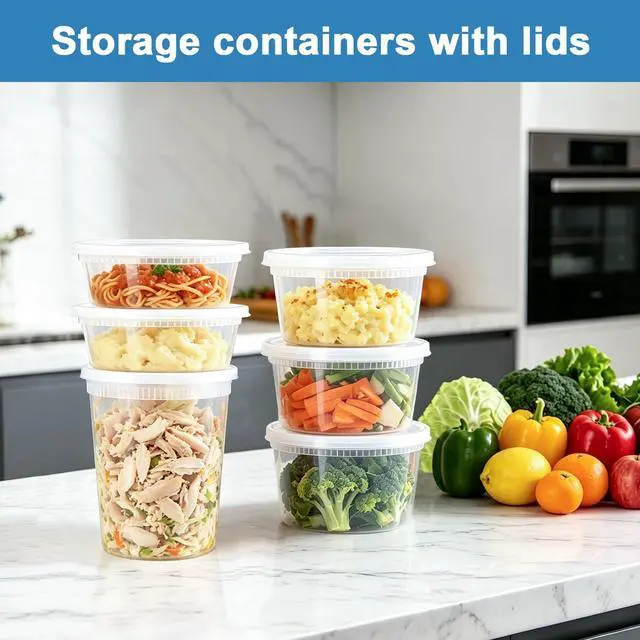 Alt view image 4 of 7 - 60 Sets Deli Containers with Lids, 8/16/32 oz Quart Containers BPA Free, Airtight Takeout Plastic Food Storage Container, Stackable Leakproof Microwave & Freezer Safe for Soup, Sauce & Leftover