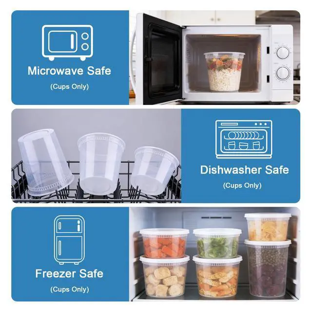 Alt view image 5 of 7 - 60 Sets Deli Containers with Lids, 8/16/32 oz Quart Containers BPA Free, Airtight Takeout Plastic Food Storage Container, Stackable Leakproof Microwave & Freezer Safe for Soup, Sauce & Leftover