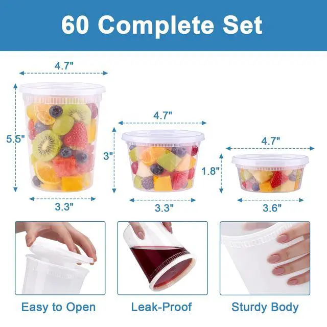Alt view image 2 of 7 - 60 Sets Deli Containers with Lids, 8/16/32 oz Quart Containers BPA Free, Airtight Takeout Plastic Food Storage Container, Stackable Leakproof Microwave & Freezer Safe for Soup, Sauce & Leftover