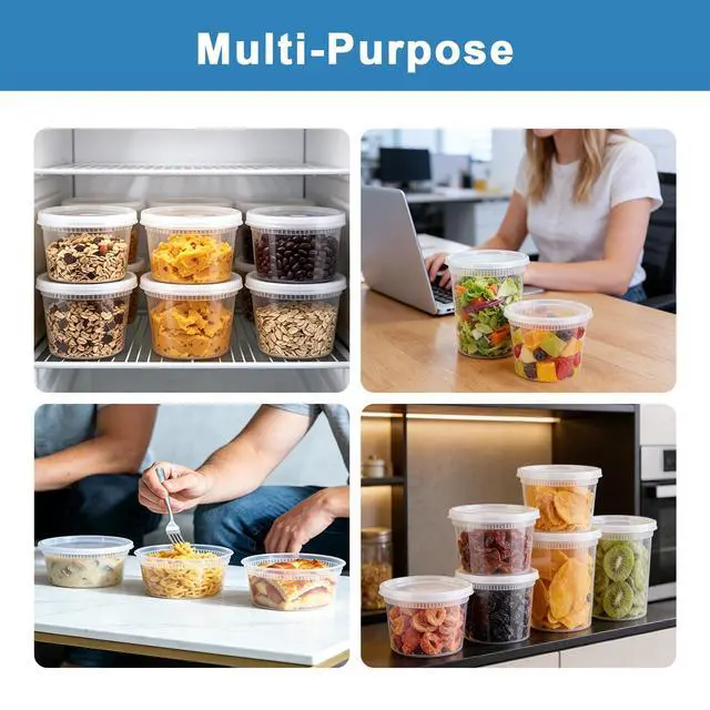 Alt view image 6 of 7 - 60 Sets Deli Containers with Lids, 8/16/32 oz Quart Containers BPA Free, Airtight Takeout Plastic Food Storage Container, Stackable Leakproof Microwave & Freezer Safe for Soup, Sauce & Leftover